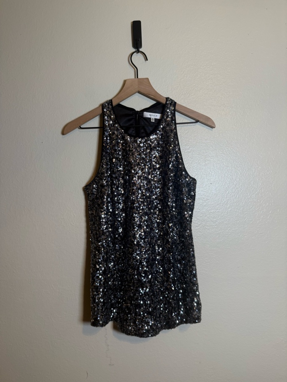 Milly 'Marie' sleeveless tank top in black and silver sequins